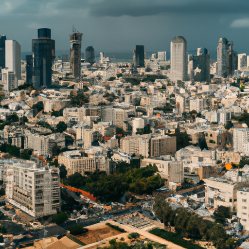 נוף פנורמי של הנוף העירוני של תל אביב, המציג שילוב של אדריכלות מודרנית וקלאסית.